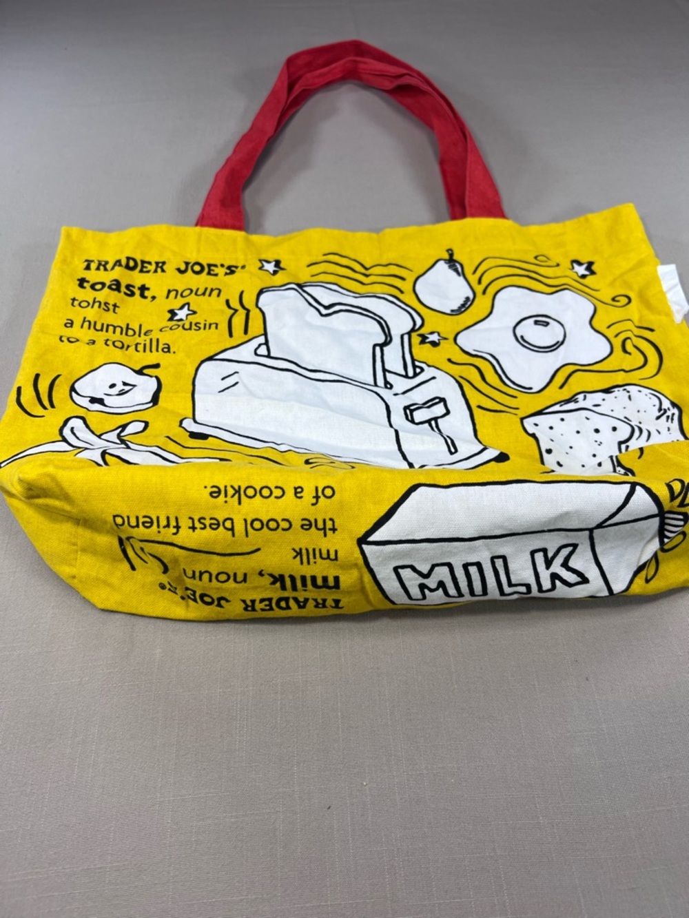 Trader Joe’s Yellow Canvas Tote Bag Red Handles Toast Milk Grocery Shopping Bag - Picture 2 of 8
